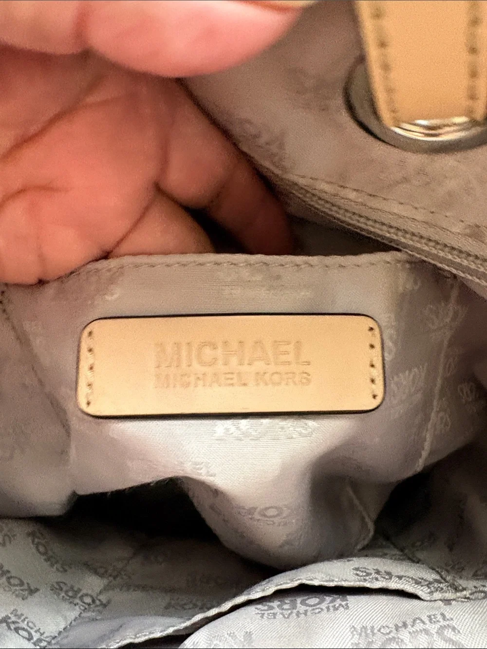 Michael Kors Taupe Leather Tote with Beige Trim and Gold MK Charm